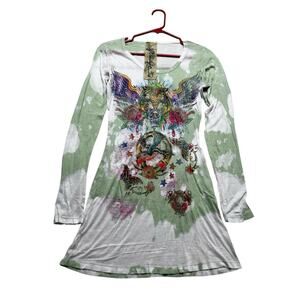 Y2k Code Vintage Woman’s LongSleeve Green Floral / Tiger Bird Sz Medium grunge
